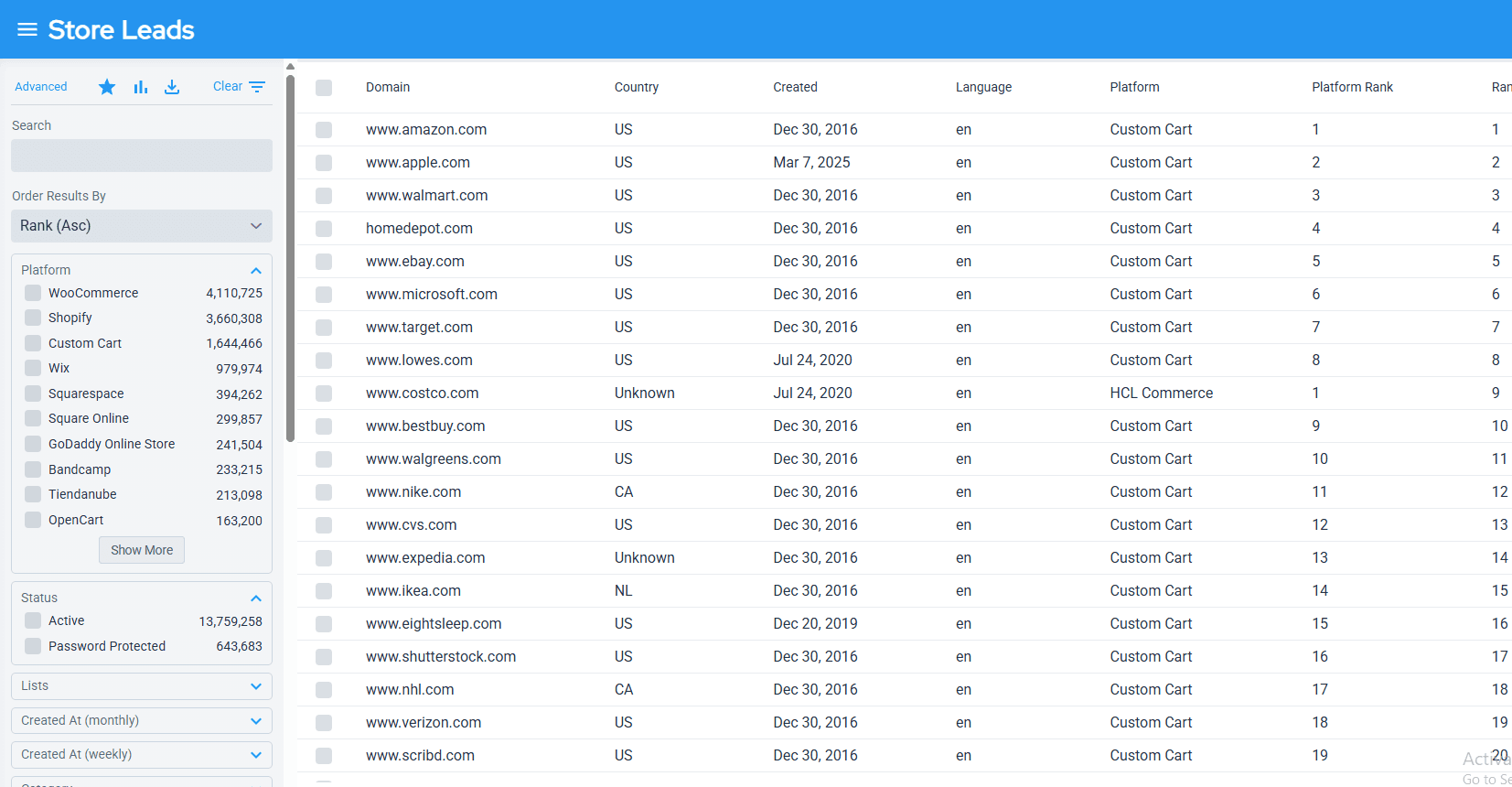 StoreLeads Scraper - Export Companies by Technology