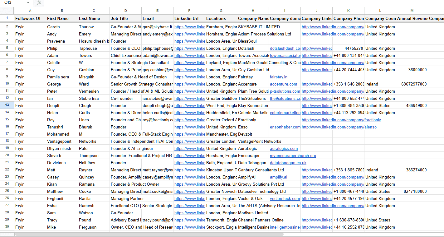 LinkedIn Company Followers Sample CSV - Follower Prospect Data