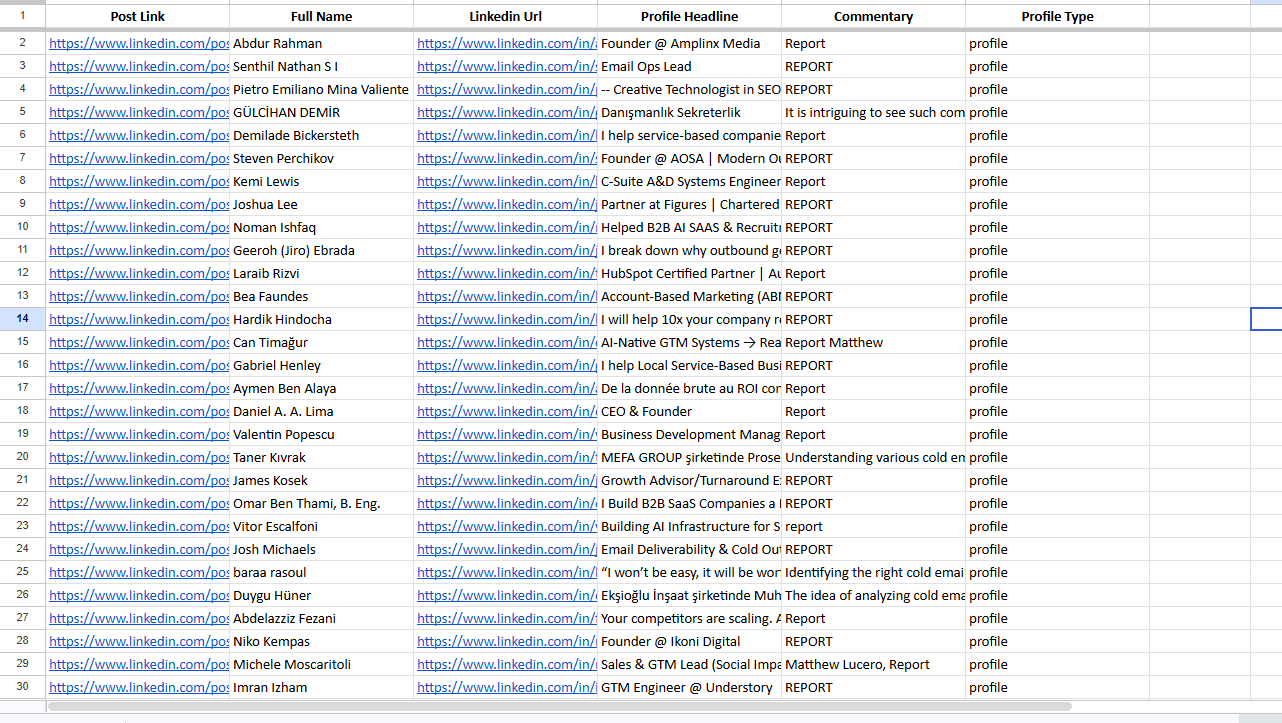 LinkedIn Comment Scraper Sample CSV - Commenter Data